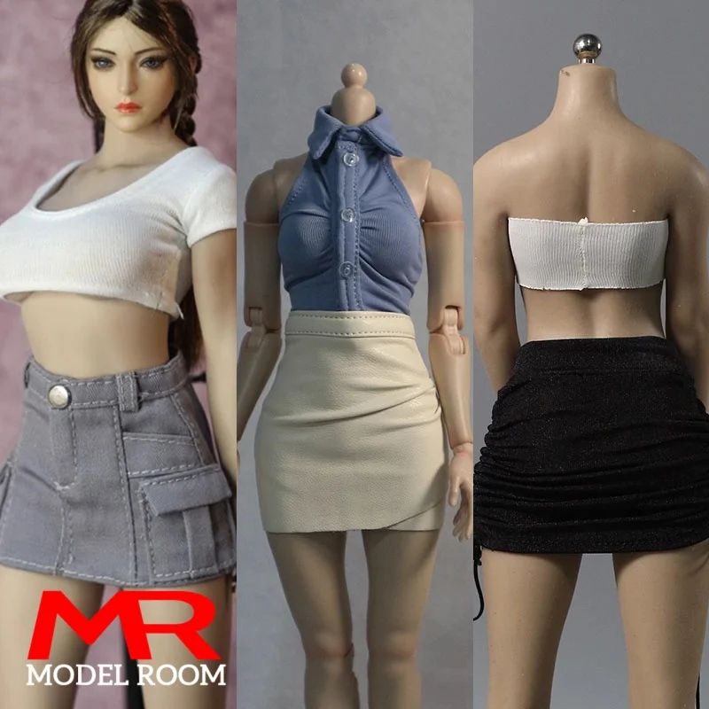 DMTOYS DF074 DF086 1/6 Scale Female Sleeveless Shirt Bodycon Dress Short Skirt Clothes Model Fit 12'' Soldier Action Figure Body