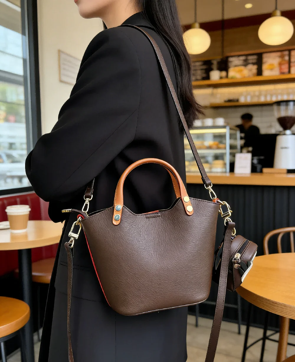 

Minimalist Dark Brown Bucket Bag for Women Casual Handbag with Top Handle and Detachable Shoulder Strap Versatile Daily Commute