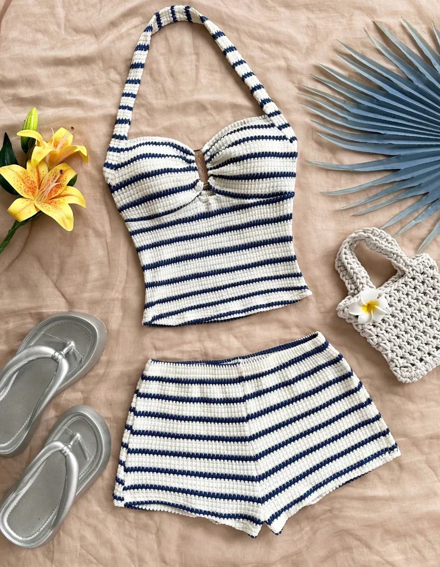 Summer Textured Knit Halter Top Shorts Two Piece Outfit, Classic Nautical Stripes Paired With Breathable Knit Fabric, Ideal For