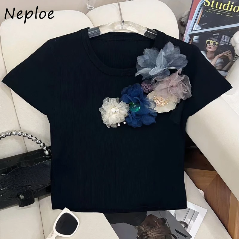 Neploe Tie Dyed 3D Mesh Flower Embroidery T-shirts Simple All-match O-neck Tops Women 2024 Sumemr New Black Blusas Mujer