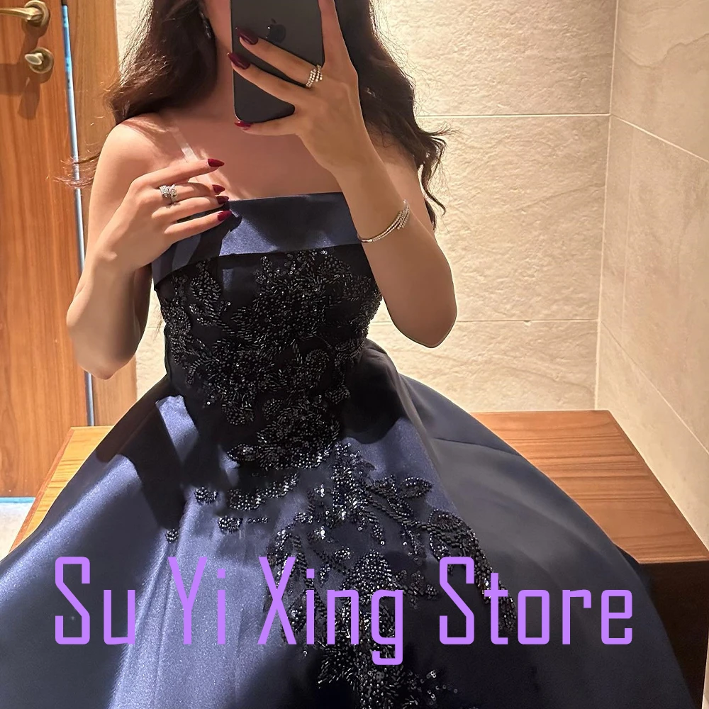 Satin Beading Sweep Train Exquisite and Luxury Sleeveless Strapless Floor Length A-Line Evening Dress Solid Color Custom Size