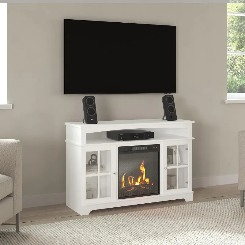 Meuble TV avec cheminée électrique, compatible avec les téléviseurs jusqu'à la console multimédia, armoire de rangement, chaleur réglable, flammes LED