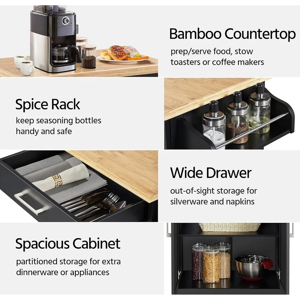 Kitchen Island On Wheels with Storage Cabinet and Drawer, Kitchen Trolley Cart with Spice Rack and Towel Bar for Dining Room image 5