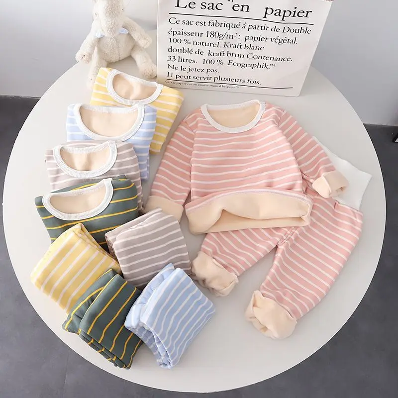 

Autumn Winter Baby Warm Striped Clothing Sets Children's Home Clothes Comfortable Fabric Pullover Plush High Waist Pajamas