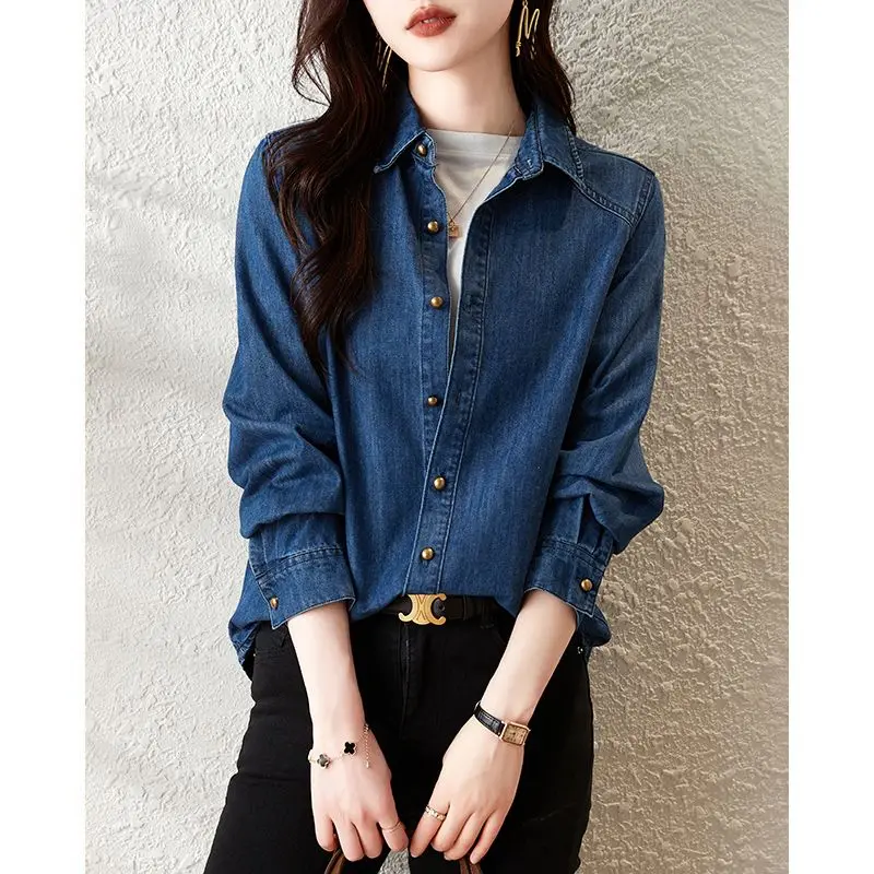 Women\'s Spring Autumn Turn-down Collar Solid Distressed Button Cardigan Long Sleeve Denim Coats Casual Office Lady Vintage Tops