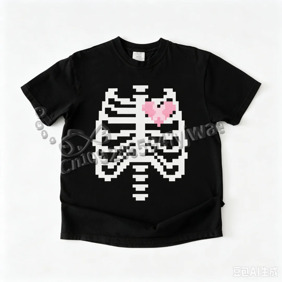 Rosa Rippen-Skelett-Fledermaus-Shirt Halloween Pastell-Gothic-Stil Hexen-Shirt Kleidung Yami Kawaii Streetwear T-Shirt Damen- und Herrenbekleidung – Detail 7