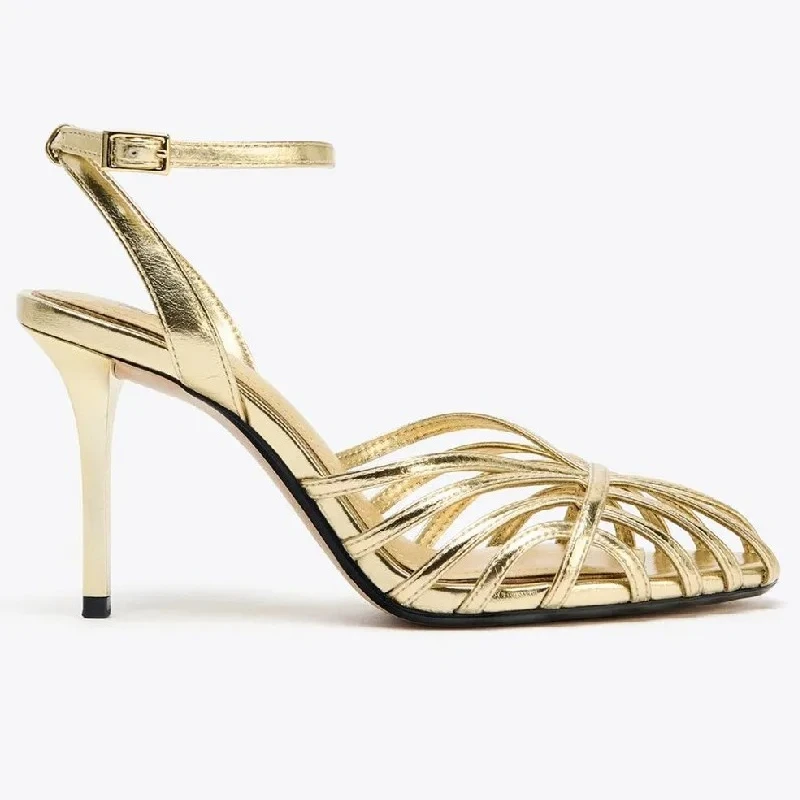 مثير الذهب الجوف ضيق الفرقة عالية الكعب صندل المرأة موضة الكاحل حزام مشبك كعب رقيق مصمم حذاء أنيق فستان العشاء حذاء