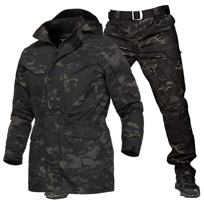 Black M65 Cargo Sets Men Military Multi-pocket Waterproof Windbreaker Coats+Windproof Straight Pants Spring Autumn Hooded Suit