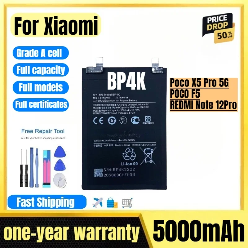 BP4K for Xiaomi Poco X5 Pro 5G/POCO F5/REDMI Note 12Pro Phone Battery High Quality High Capacity Replacement Bateria  with Tools