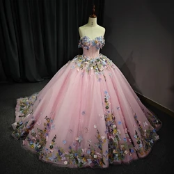 Pink Sweetheart Quinceanera Dress Party Gown Off The Shoulder 3D Appliqué Bow Beads of Princess For 16 Year Vestido De 15 Anos