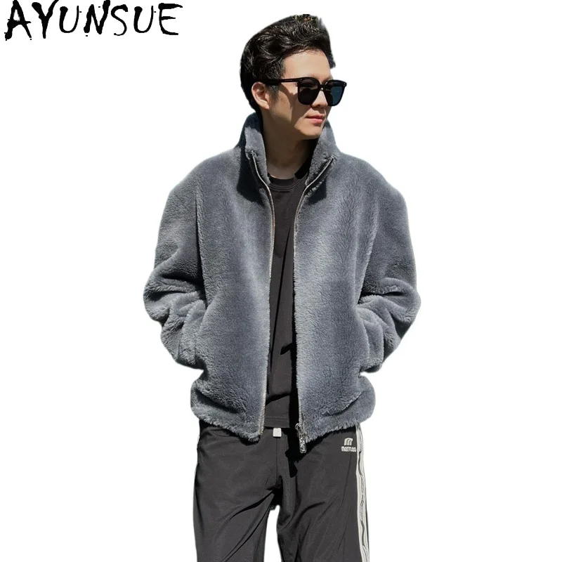 

AYUNSUE New Fashion Short Sheep Shearing Jacket Men Autumn Winter Casual Stand Collar 100% Wool Coats for Man Loose Warm Jackets