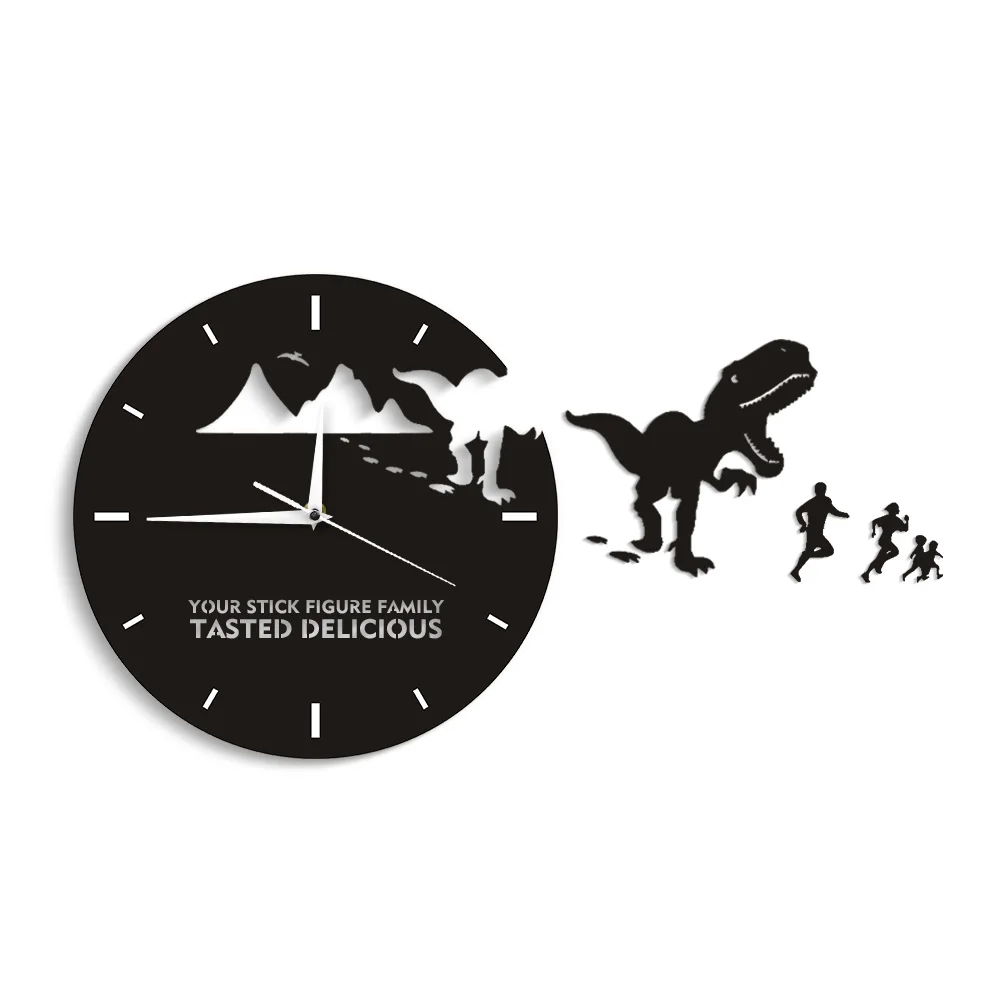 Dinosaur Eating Stick Figure Family Wall Clock T-Rex Your Stick Figure Family Tasted Delicious Funny Quote Modern Wall Clock