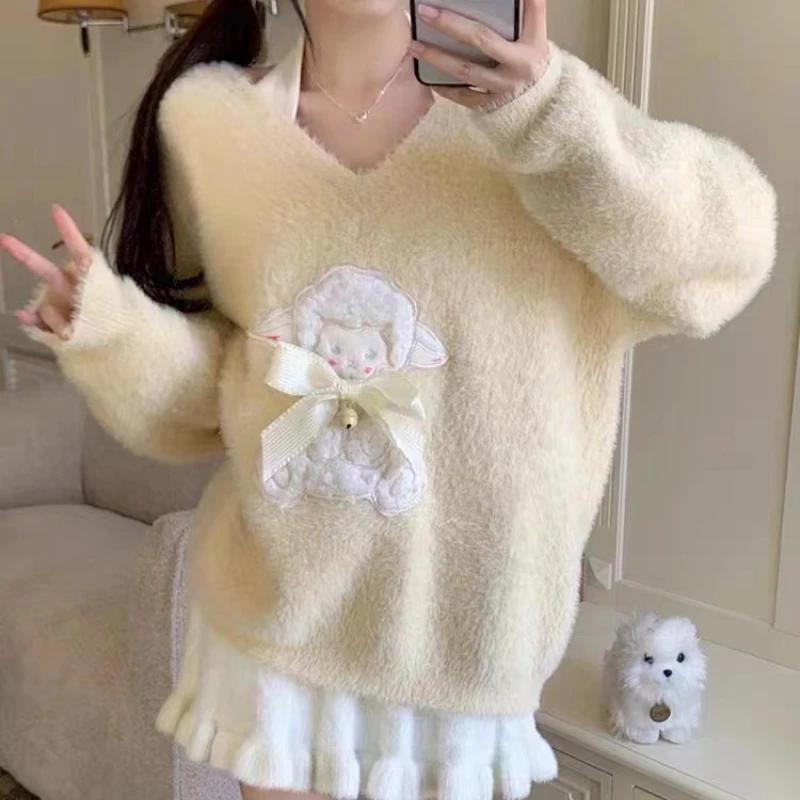 DAYIFUN Women's Light Yellow Sheep Pattern V-neck Sweaters Loose Casual Long Sleeved Pullovers Sweet Girl's Winter Fashion Tops