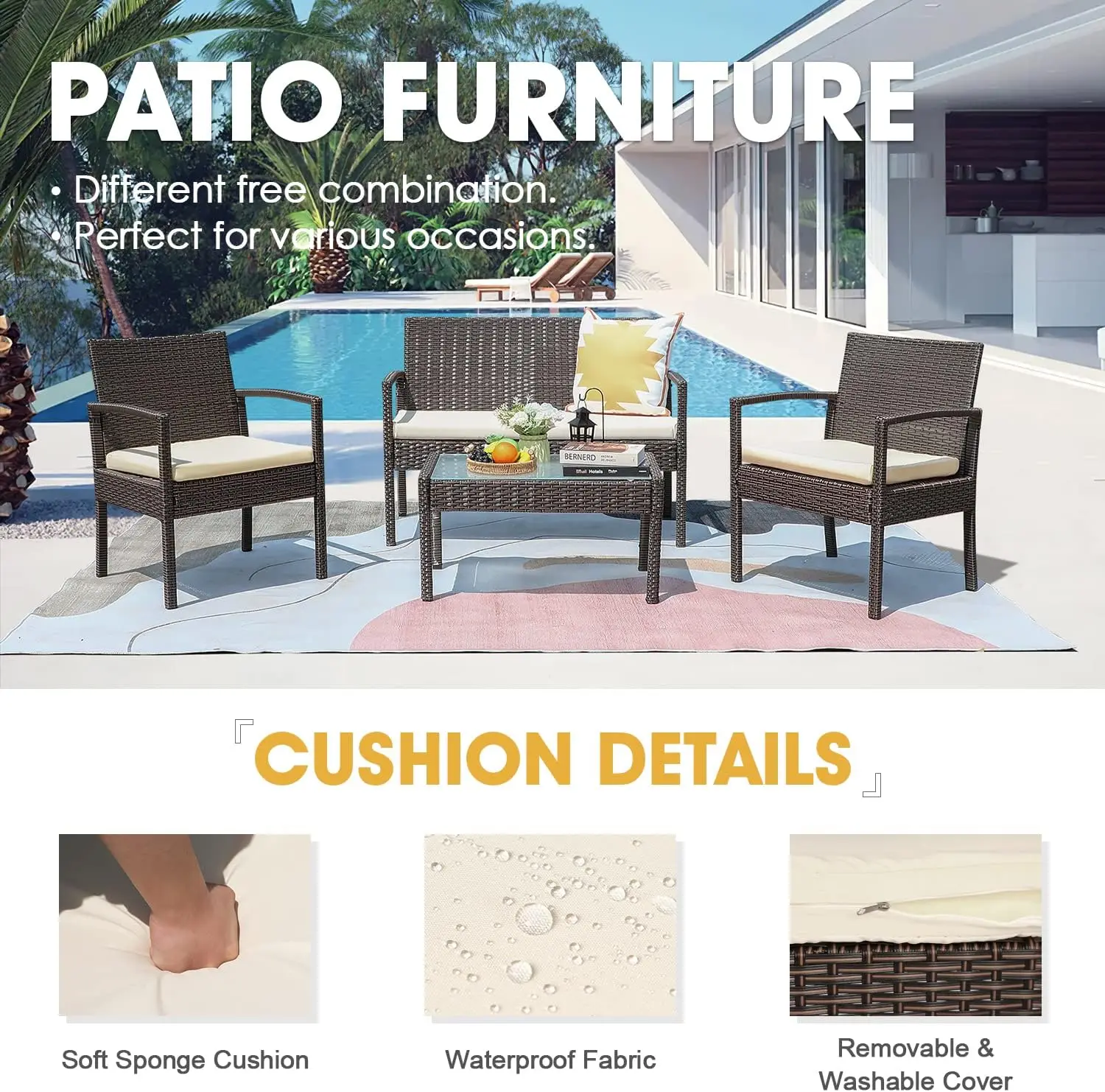 Set furnitur teras anyaman semua cuaca, furnitur luar ruangan rotan PE, untuk balkon