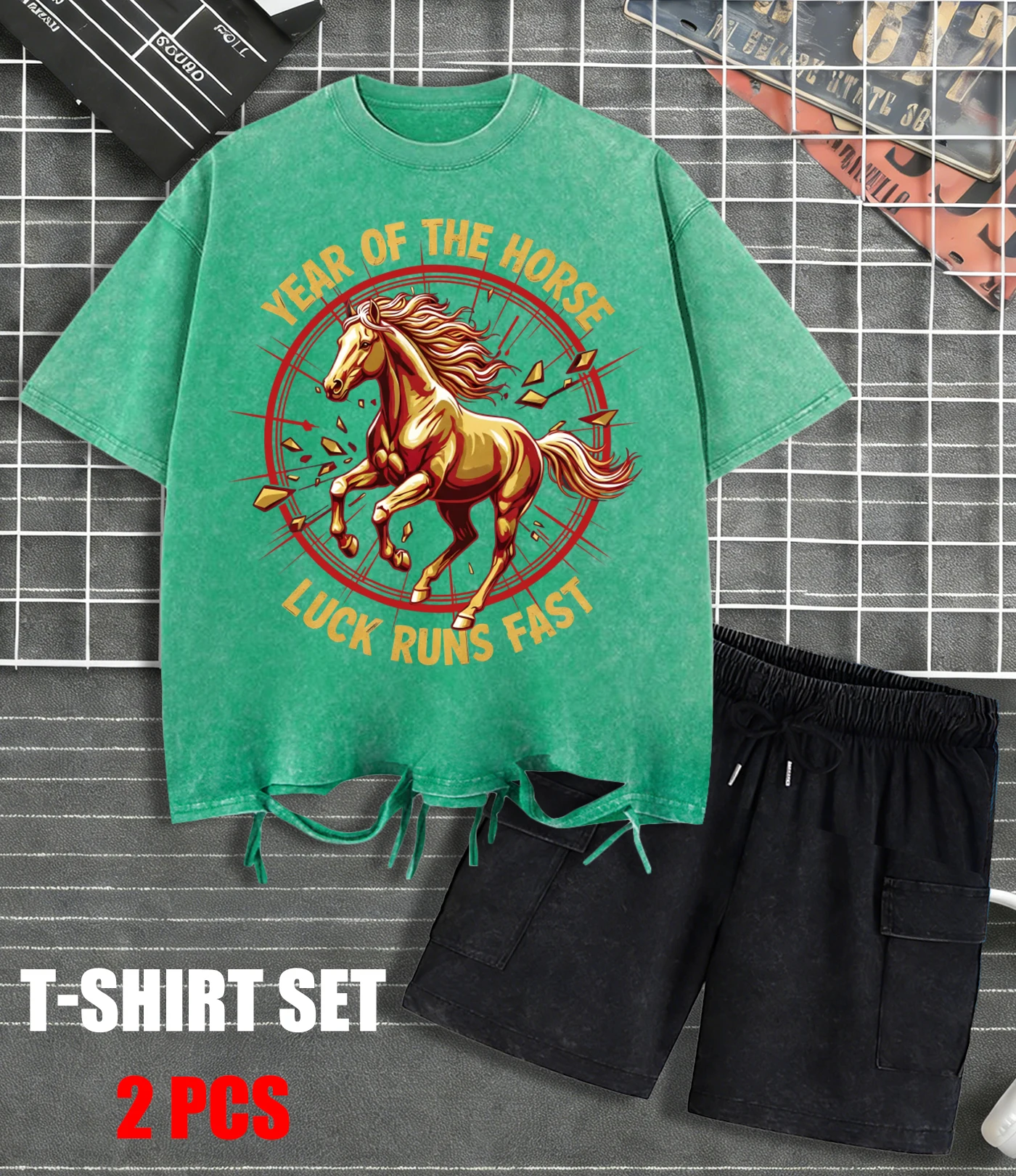 

Year Of The Horse Luck Runs Fast Washed Man Tee Loose Fashion T-Shirt Summer Cotton Short Sleeve Unisex All-Match Sportsuit