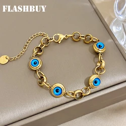 FLASHBUY Vintage Blue Eye Charm Stainless Steel Chain Bracelet for Women Simple Gold Color Bracelet Wrist Fashion Jewelry Bijoux