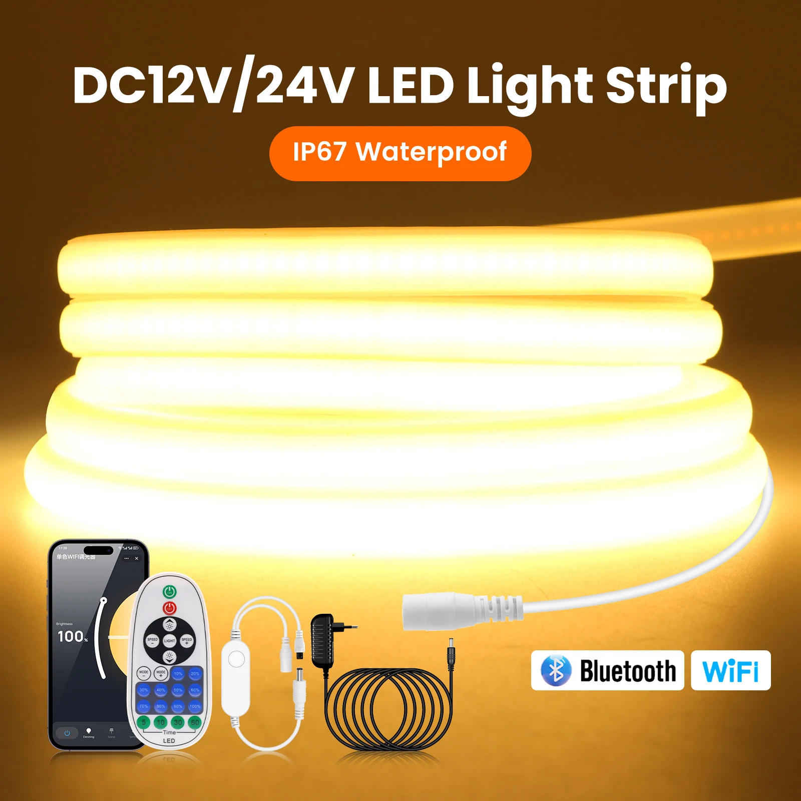 

12V 24V Waterproof COB LED Strip Bluetooth Wifi IR Remote Control 320LEDs/m Flexible Ribbon Adhesive Tape for Home Garden Decor