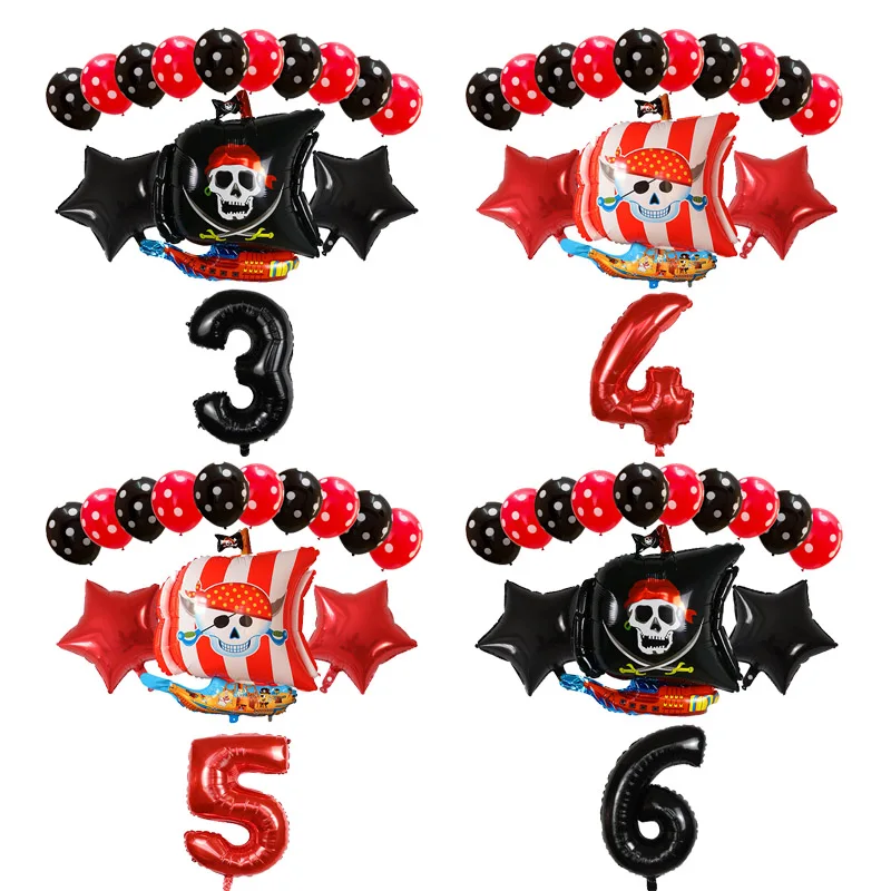 14pcs Pirate Ship Balloons Polka Dot Skull Helium Balloon Boy Birthday Party Decoration Baby Shower Halloween Party Decor Globos