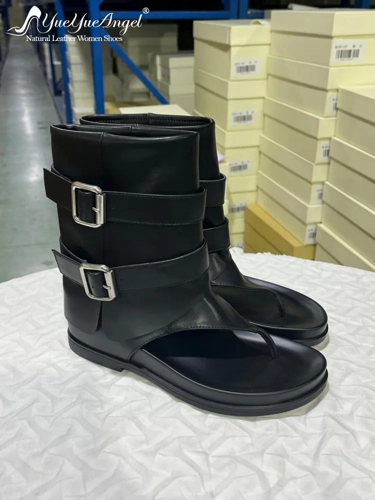 Fashion Women Genuine Leather Summer Boots Buckle Slip On Clip Toe Gladiator High Top Sandals High Street Casual Platform Shoes