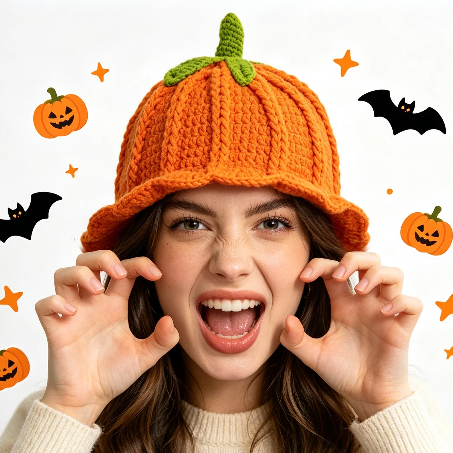 Women Halloween Pumpkin Crochet Bucket Hat Cottagecore Ruffled Brim 3d Stem Leaf Knit Cap Girls Festival Cosplay Party Costume H