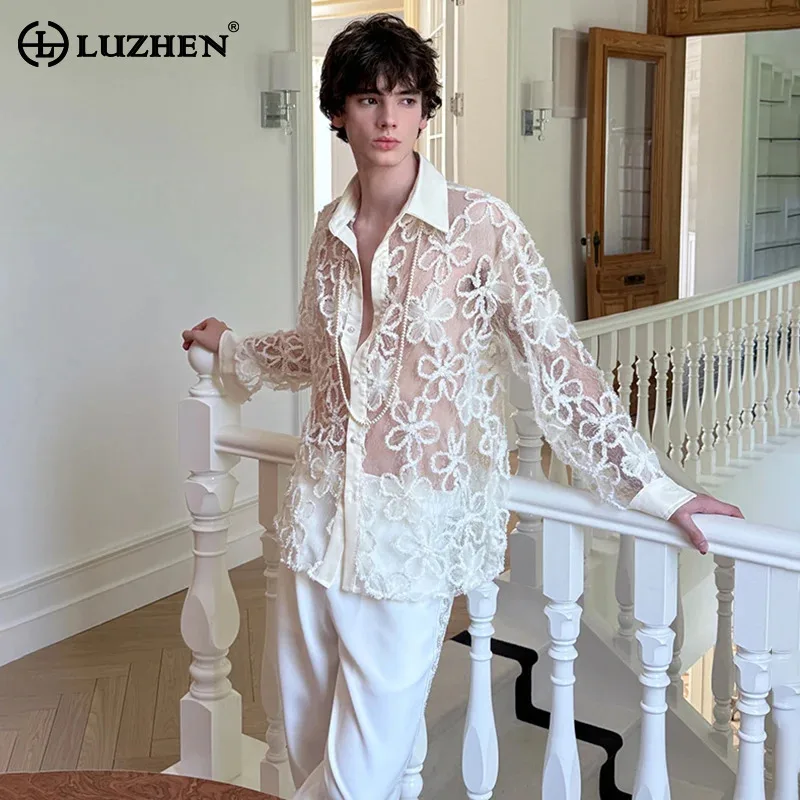 LUZHEN 2025 New Fashion Original Perspective Flower Pattern Gauze Long Sleeve Shirts Men's Elegant Handsome Casual Tops JY3361