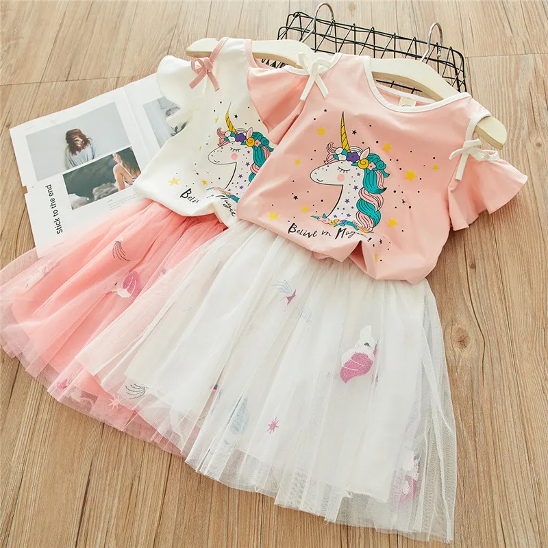Girls Suit Cartoon off-the-ShoulderTT-shirt plus Skirt25Summer New Foreign Trade Children's Wear Delivery3-8Years Old