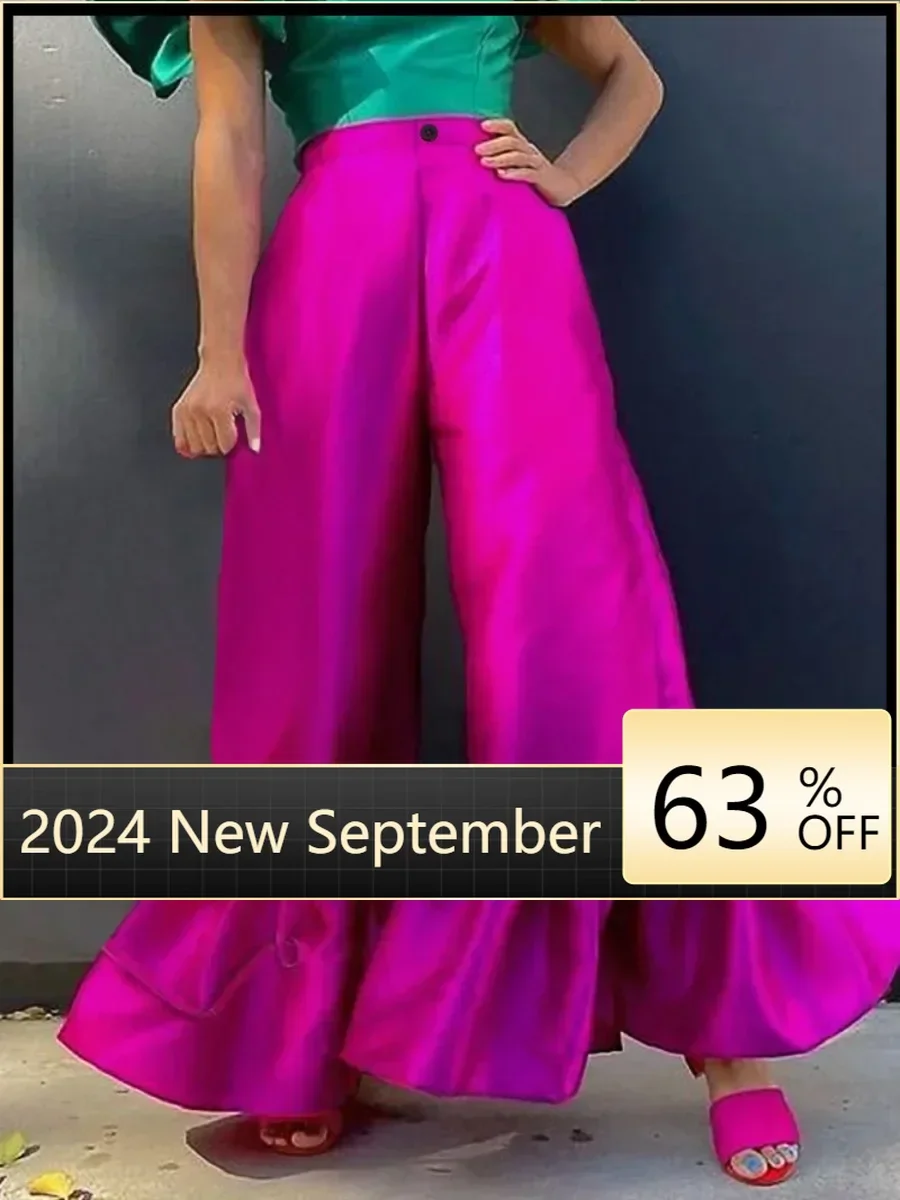 Fuchsia-Hose mit hoher Taille, glänzend, ausgestellt, plissiert, weites Bein, trendige lange Caprihose, Damen-Cocktail-Party-Hose mit Besatz, große Größe