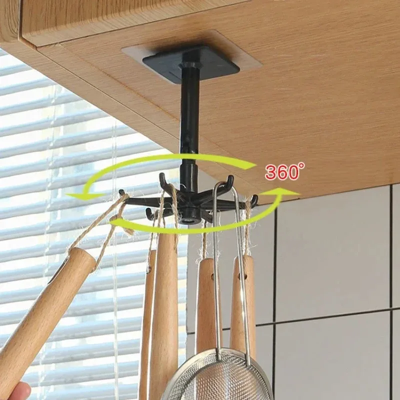 Kitchen Rotating Punch-free Wall-mounted Shelf 6 Rotating Hooks Pot Shovel Chopping Nail-free Adhesive Hook Rack