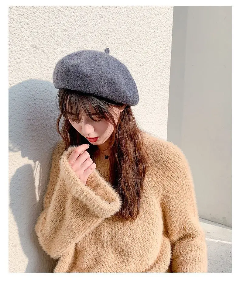 Frauen Wolle Baskenmütze Hut Vintage Stil Herbst Winter Casual Künstlerische Verdickte Strukturierte Gesicht Abnehmen Warme Mütze