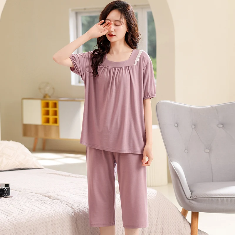 Soft Modal Pajamas Set Short Sleeve T-shirt Calf-Length Pants 2Piece/Set Summer Lace Pyjama Big Yards4XL Homewear Cozy Sleepwear