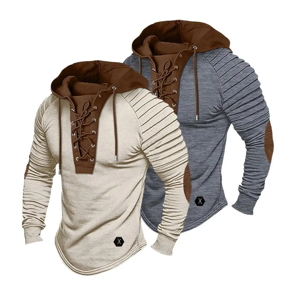 

Men Hooded Sweatshirt Vintage Lace-up Drawstring Men's Hoodie with Pleated Shoulders Soft Stretchy Breathable Daily Top Daily