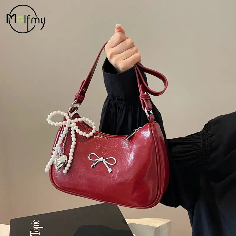 حقائب الكتف المربعة Bowknot مصمم حقائب اليد إرسال المعلقات موضة بولي PU حقائب اليد سستة إغلاق التنقل حقيبة تحت الإبط للنساء