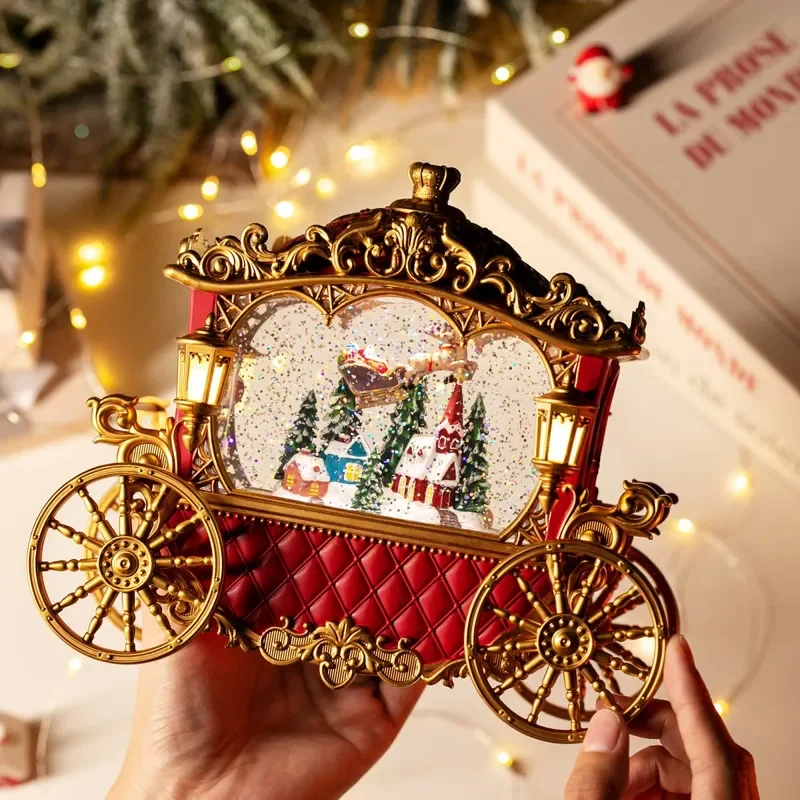 2024 Christmas Crystal Ball Snow Globe Music Box with Carriage Design Holiday Home Decoration Ornament Gift for Kids and