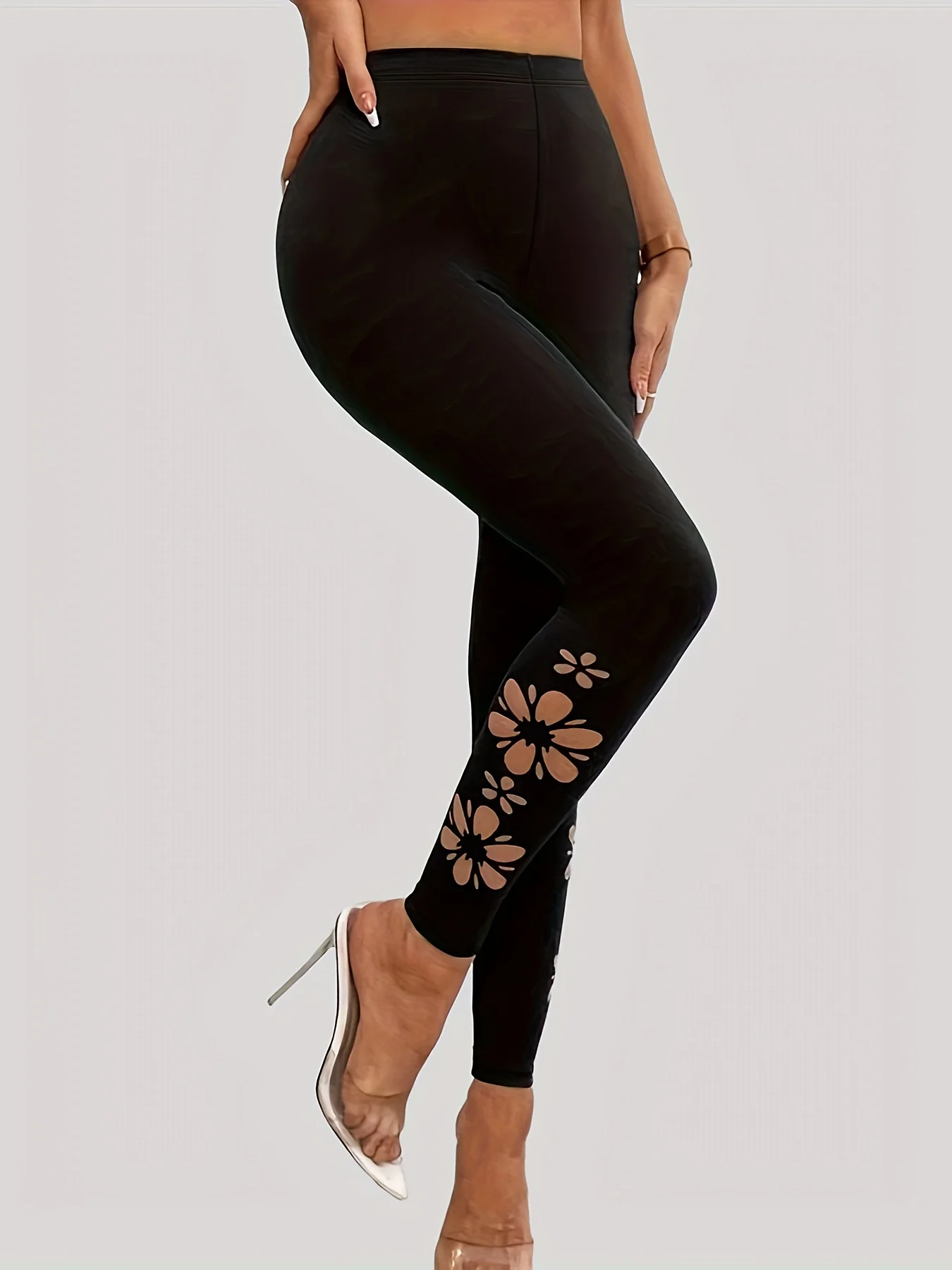 Women Mid‑Waist Fleece Lined Leggings, Bottom Side Beige Floral Print, High Stretch Slim Warm Elastic Casual Yoga Pants