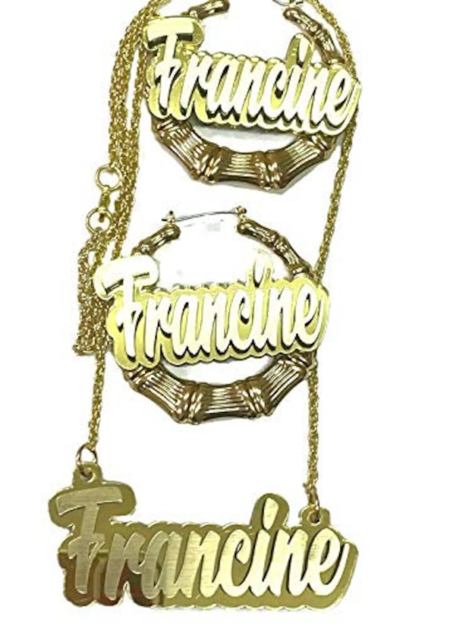 Custom Matching Necklace and Gold Bamboo Earrings Set Name Plate Custom Laser Cut Made To OrderGold Script Dazzling and Stunning