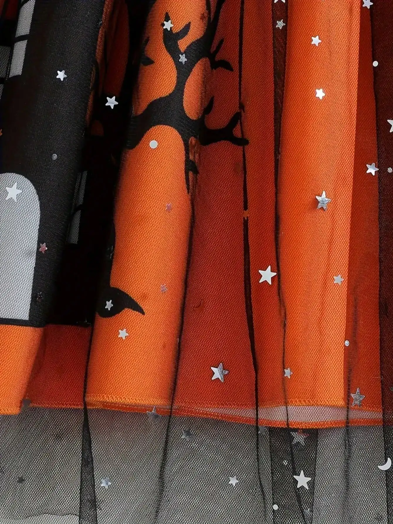 Halloween-Kleid für Kinder mit Katzenmuster, bequem, mit Rundhalsausschnitt, langen Ärmeln und einem Netzstoff-Ausschnitt an der Taille. – Detail 9