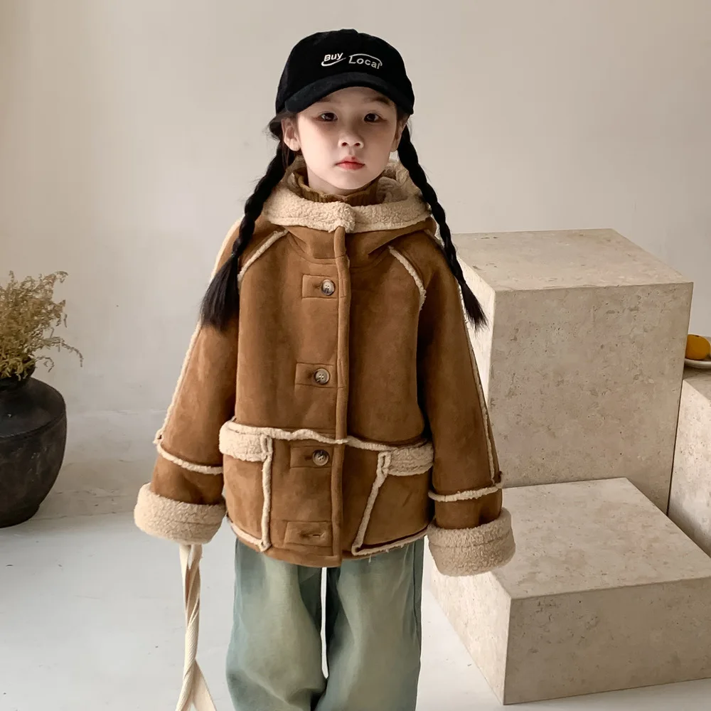 

Winter Children Girls Suede Jackets Plus Velvet Kids Babys Girls Hooded Outerwear Coat Toddler Little Girls Short Warm Snow Coat