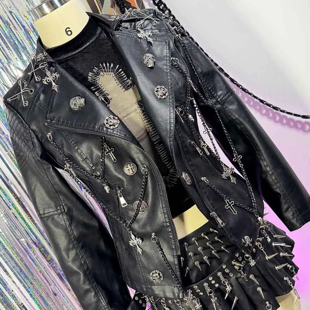 Punk Rock Grunge Pin e-girls chaîne bricolage Y2K cuir végétalien crâne veste manteau fait à la main Harajuku Emo Cross Club porter gothique années 90
