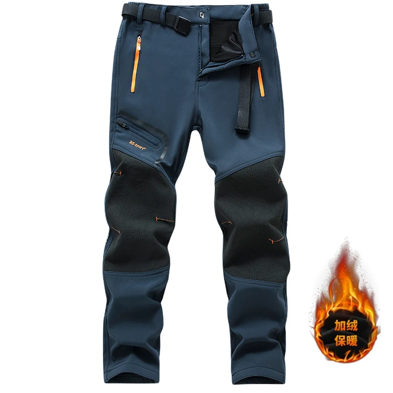 Men's Casual Pants Fleece Lining Quick-Dry Loose Fit Multi-Pocket Four-Way Stretch Casual Long Trousers Waterproof and Warm  Pan