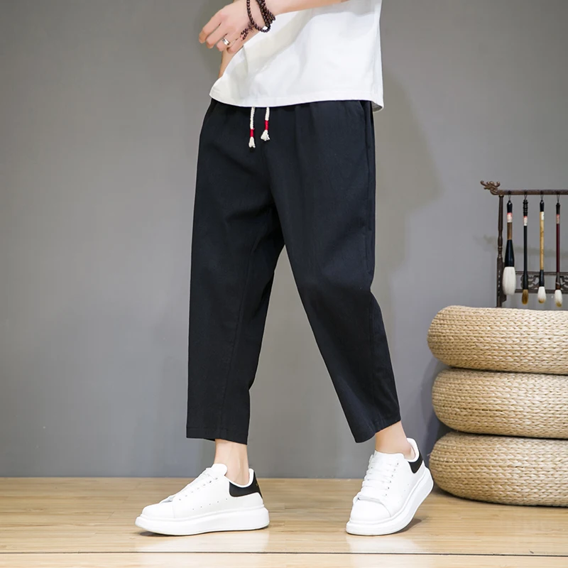 4 Colors!2024 Summer Chinese Style Capris Men's Japanese Loose Feet Harun Pants Trendy Large Cotton Hemp Casual Pants