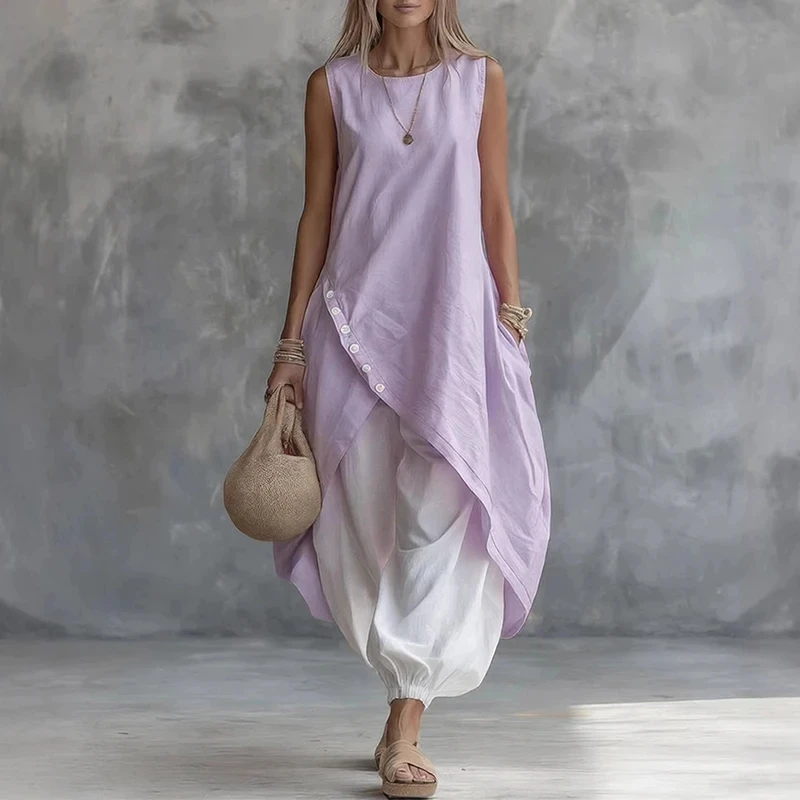 

Elegant Lady High Waist Split Dresses Casual O-neck Sleeveless Loose Women's Dress Summer New Solid Color Irregular Pocket Dress