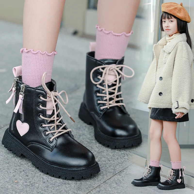 Girls Ankle Boots 2024 New Kids Sweet Love Heart Short Boots Girls British Elegant Boot with Double Side Zip Wear-resistant Cute