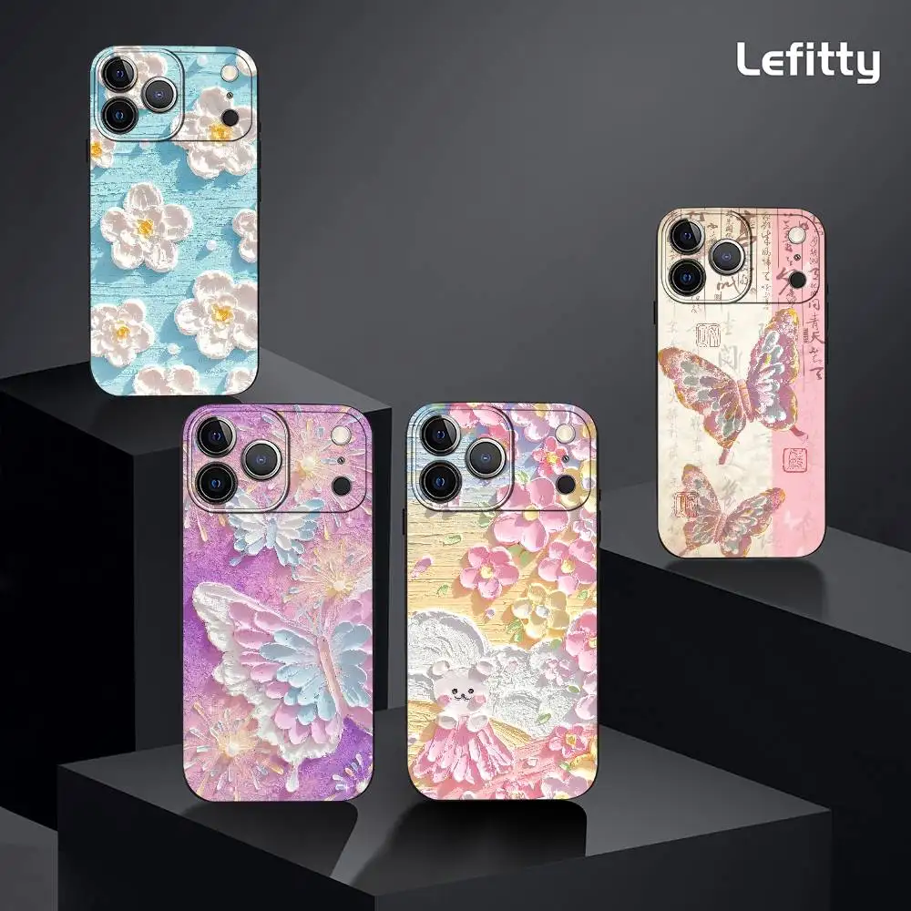 Casing HP Lukisan Minyak Motif Bunga Untuk iPhone 17 16 15 14 13 12 11 Pro Max Plus Mini Hitam Doff Lembut Funda