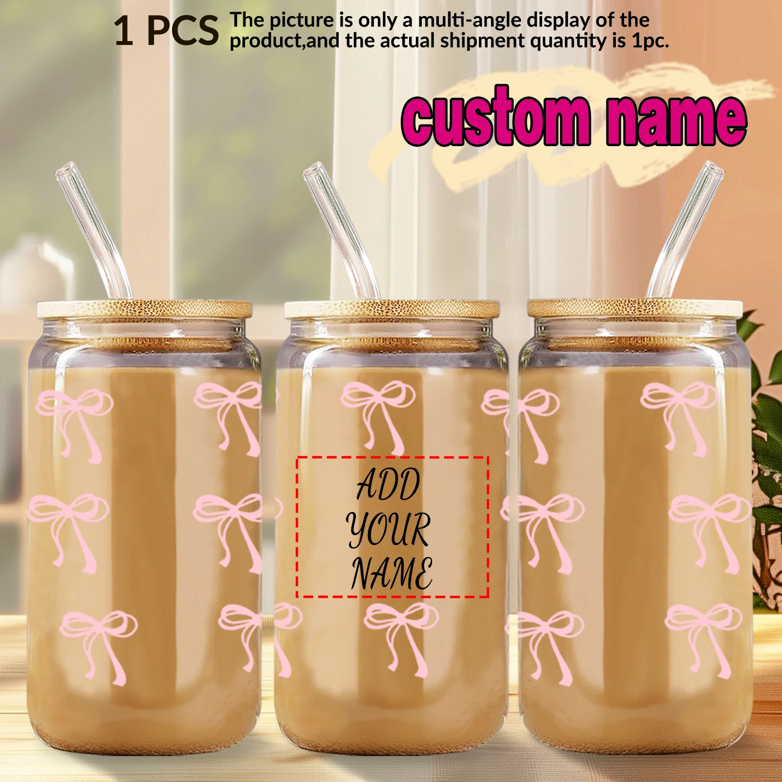 1 Stück personalisierter Trinkbecher mit Namensaufdruck, 16oz Glas mit Bambusdeckel und Glasstrohhalm, Geburtstags- oder Schulanfangsgeschenk