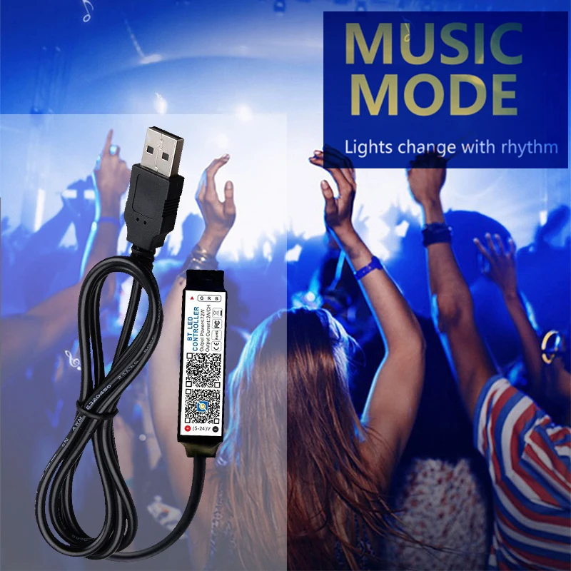 Bluetooth-Enabled Mini RGB LED Controller for Music Sync & Smart App Control of RGB Tape Lights - USB5V DC 5V/12V/24V Compatible