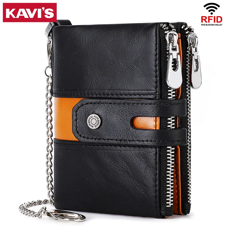 Genuine Leather Wallet for Men Original  Luxury RFID Card Holder with Zipper Coin Purse Anti-theft Chian PORTFOLIO Portomonee