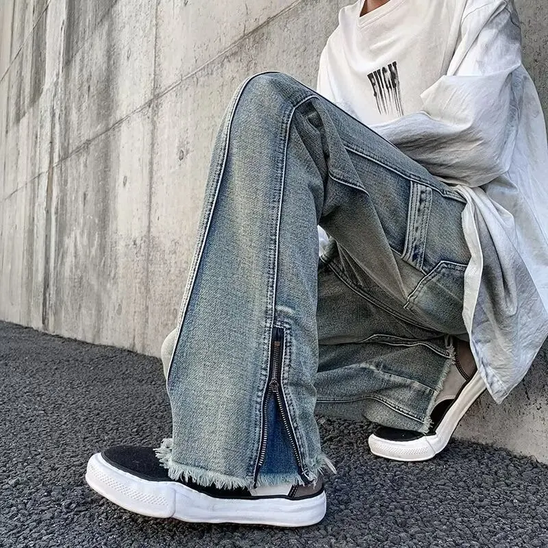 

Y2k American Vintage Pants High Street Wash Jeans Men's High-End Sense Niche Design Micro-Horn Slim Straight Leg Pants Trend