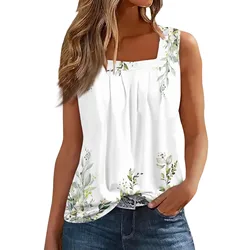 Traf 2024 Women'S Fashion Casual Pleated Square Collar Sleeveless Vest Print Summer T-Shirt Traf 2024 Mujer Sleeveless T-Shirt