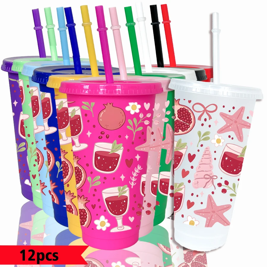 12pcs/pack Pomegranate Wine Glass Star Pattern 26oz Colored Plastic Party Cold Drink Cup for Back-to-school Birthday Gift