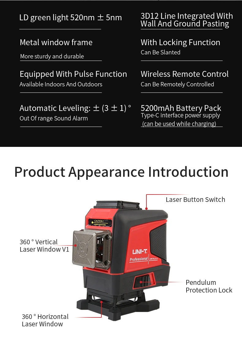 UNI-T LM575LD-e green Laser Level 3D 12-Line Wall sticking instrument Self-Leveling Remote Control Indoor Outdoor Auxiliary Tool